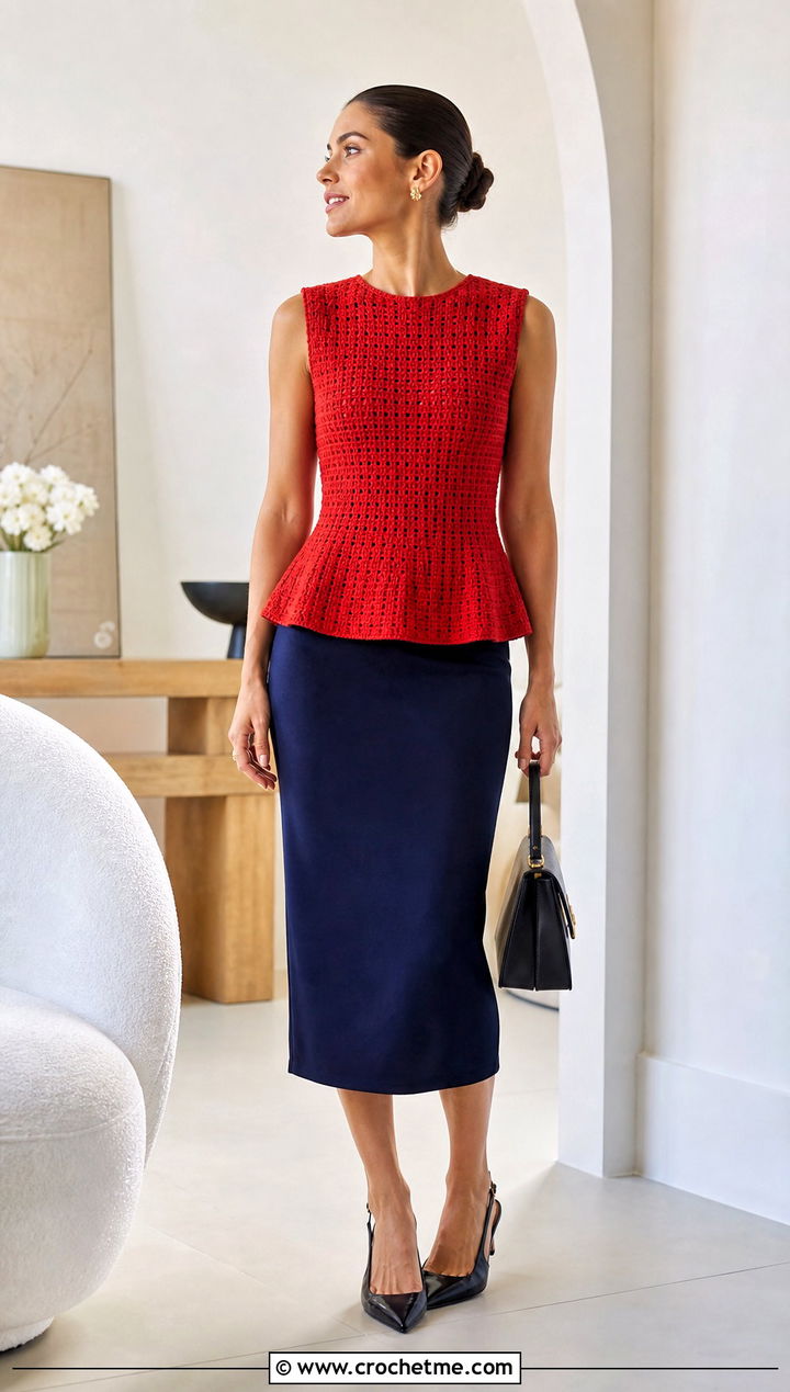 Crochet Peplum Top With Pencil Midi Skirt - 30 easy tops to crochet outfit ideas