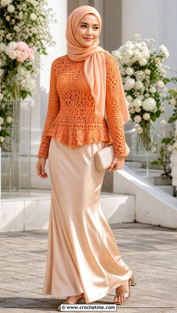 Crochet Peplum Top With Satin Maxi Skirt - 20 crochet top hijabi outfit ideas