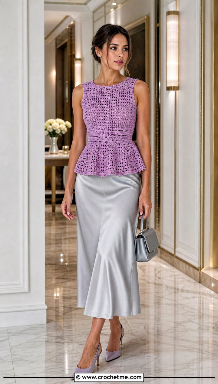 Crochet Peplum Top With Satin Midi Skirt - 35 old money crochet outfits ideas
