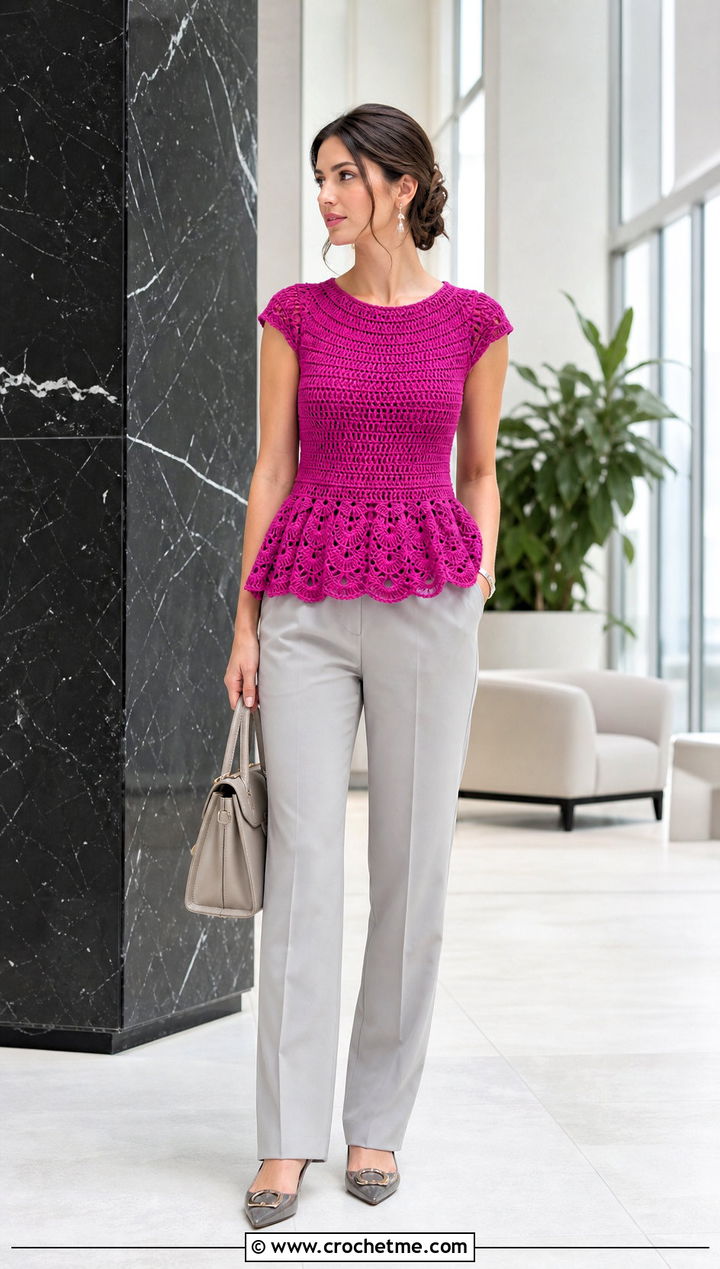 Crochet Peplum Top With Straight Leg Trousers - 25 Diy Crochet Outfits ideas