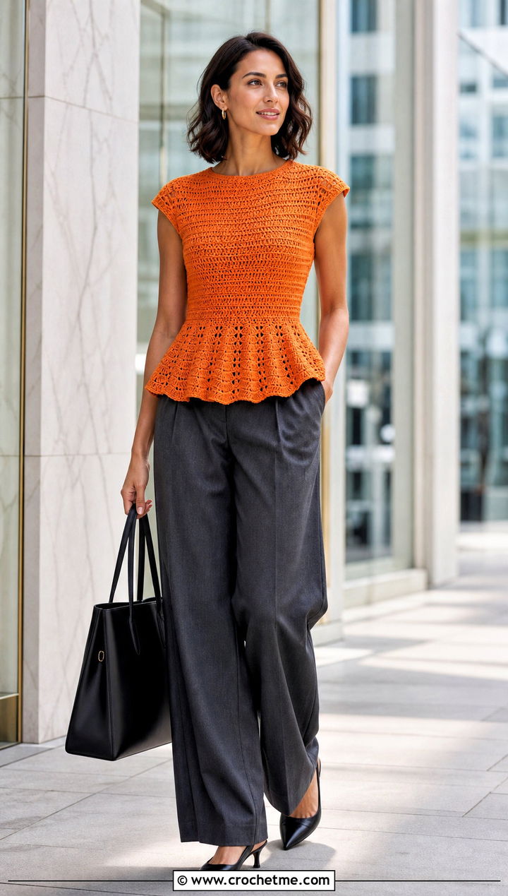 Crochet Peplum Top With Tailored Trousers - 35 Outfit With Crochet Top outfit ideas