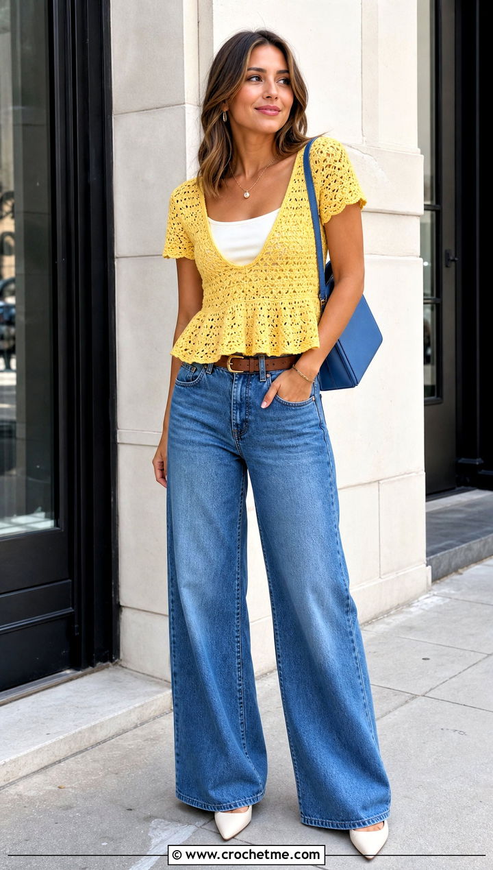 Crochet Peplum Top With Wide Leg Jeans - 25 Flowy Crochet Top outfit ideas