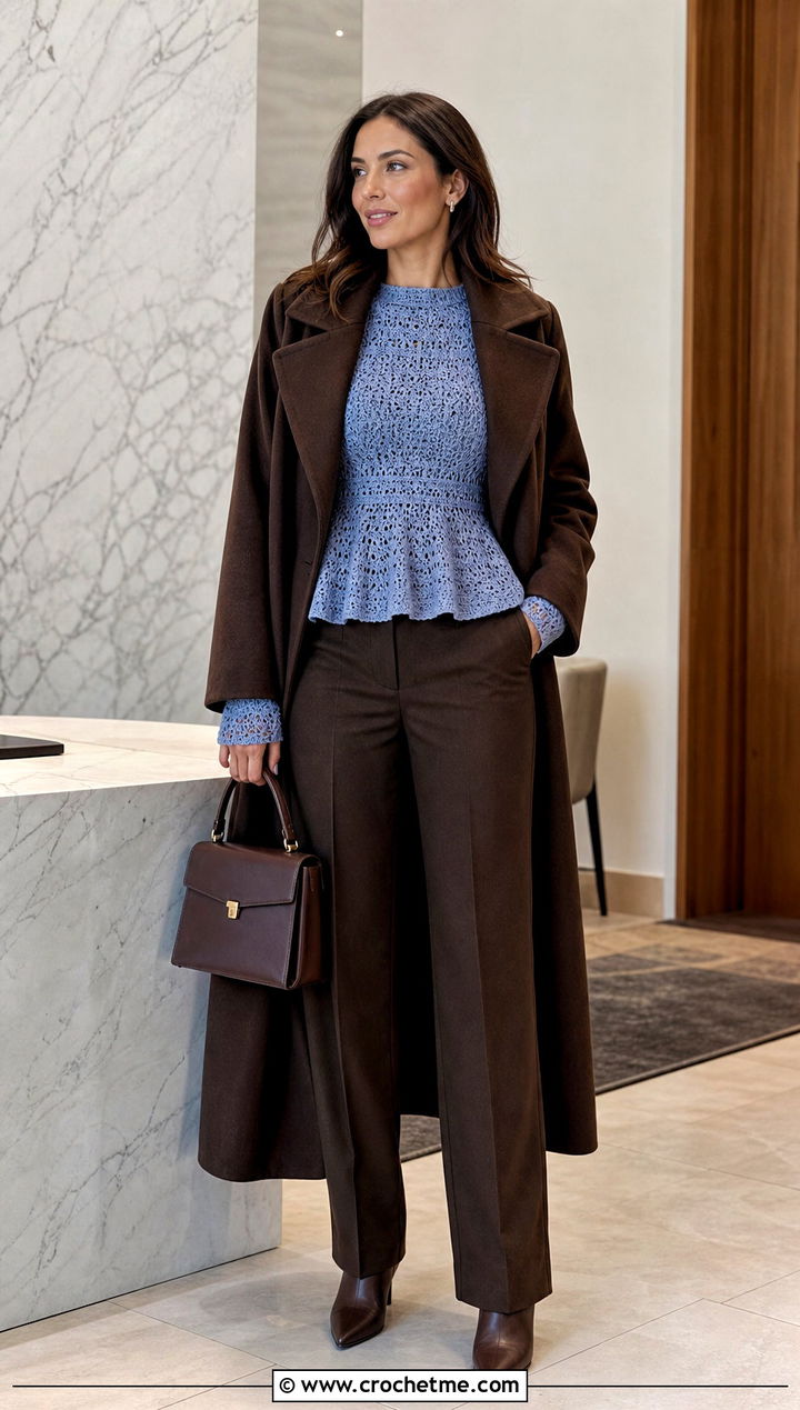 Crochet Peplum Top With Wool Trousers - 35 Crochet Winter Outfits ideas