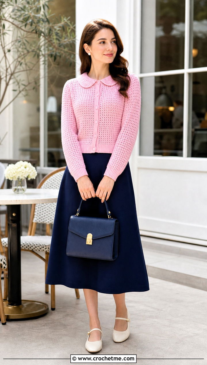 Crochet Peter Pan Collar Cardigan With A Line Skirt - 30 vintage crochet clothes and outfit ideas