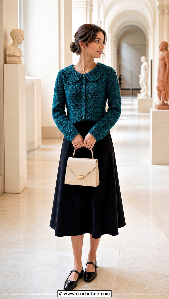 Crochet Peter Pan Collar Sweater With A Line Midi Skirt - 35 crochet sweater with collar outfit ideas