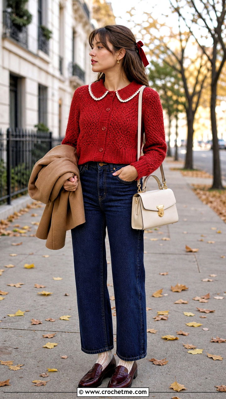 Crochet Peter Pan Collar Sweater With Straight Leg Jeans - 25 coquette crochet clothes and outfit ideas