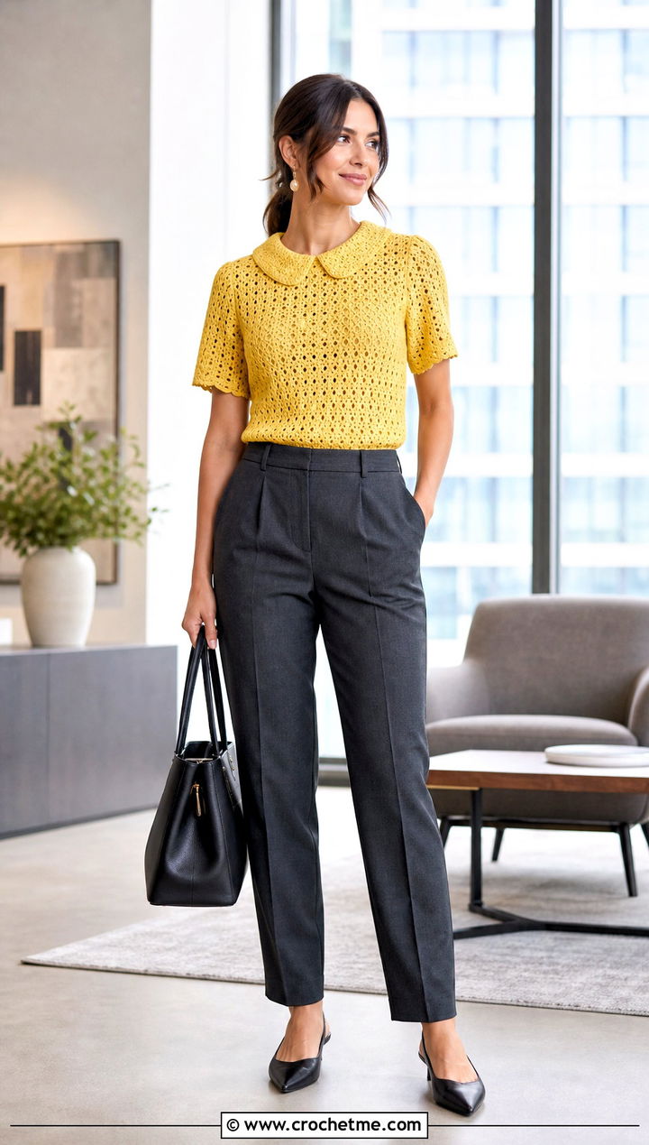 Crochet Peter Pan Collar Top With Tailored Trousers - 20 Crochet Top With Collar outfit ideas