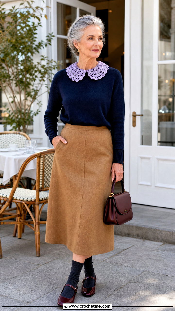 Crochet Peter Pan Collar With Crewneck Sweater And Midi Skirt - 35 autumn crochet clothes and outfit ideas