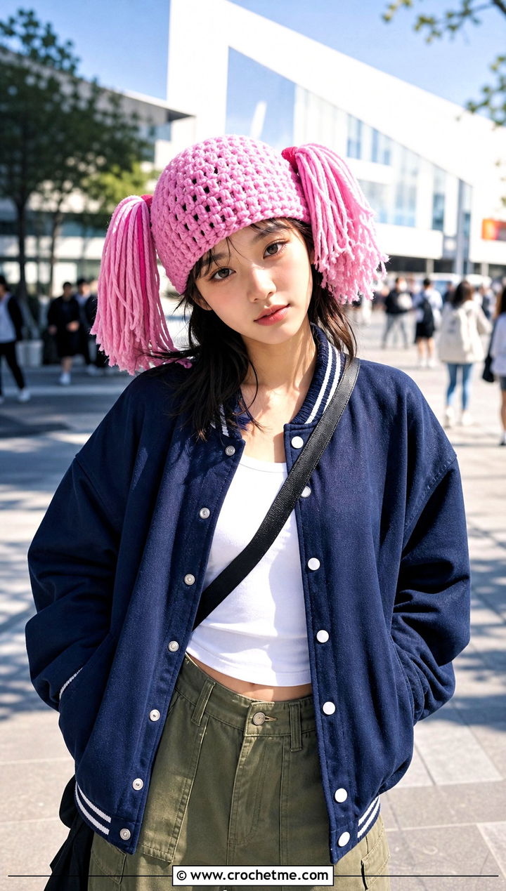 Crochet Pigtail Wig Hat With Varsity Jacket And Cargo Pants - 20 Crochet Wig Hat outfit ideas