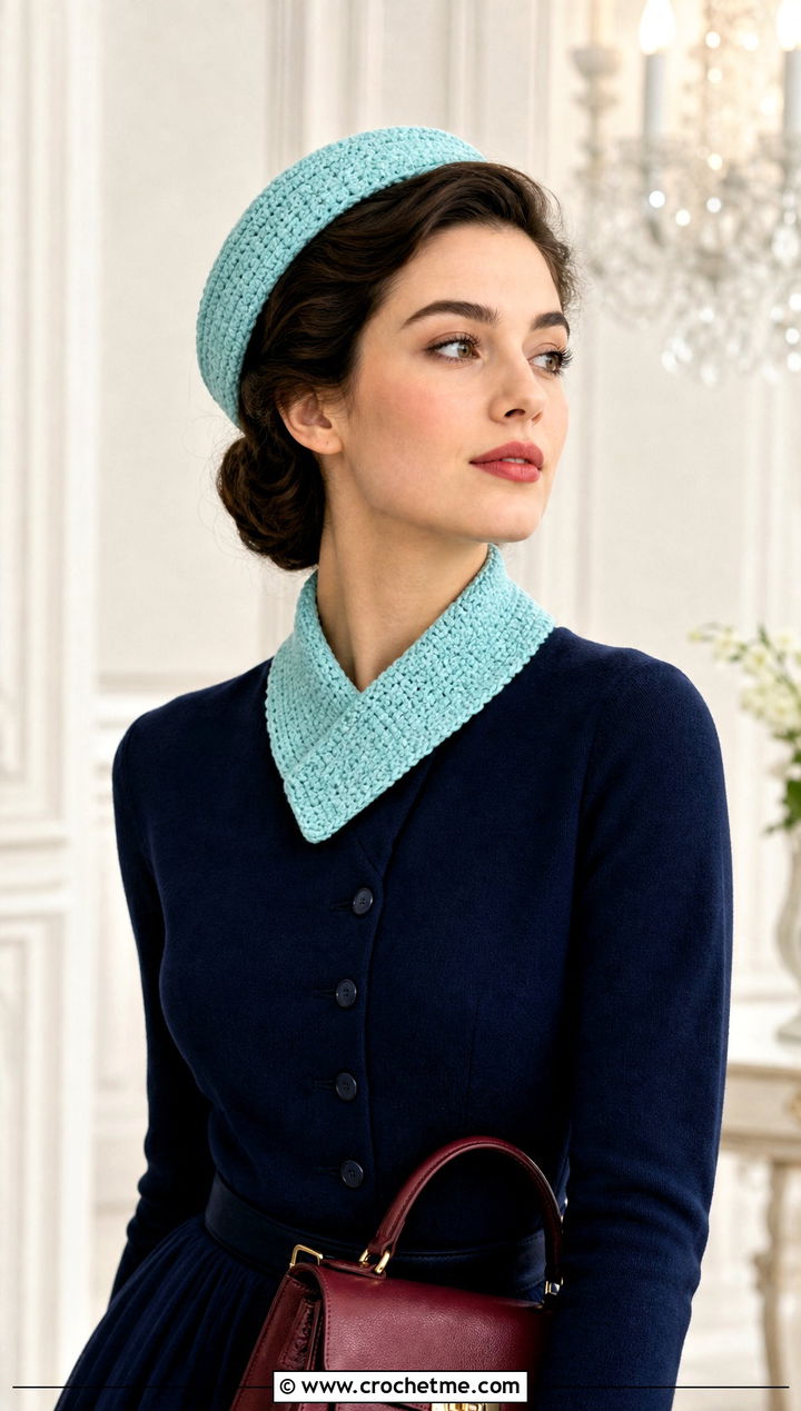 Crochet Pillbox Hat And Collar Scarf With Cardigan Dress - 25 crochet scarf hat combo outfit ideas