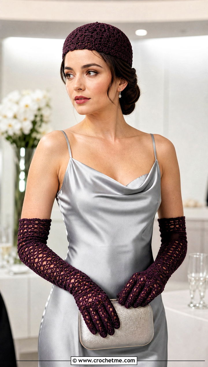 Crochet Pillbox Hat And Opera Gloves With Satin Outfit - 15 Crochet Hat And Gloves outfit ideas