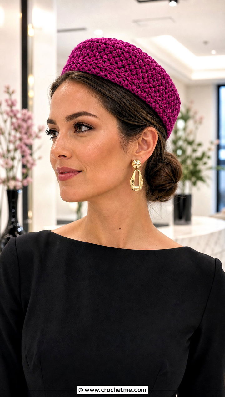 Crochet Pillbox Hat With Black Dress And Slingback Heels - 25 easy crocheted hats outfit ideas