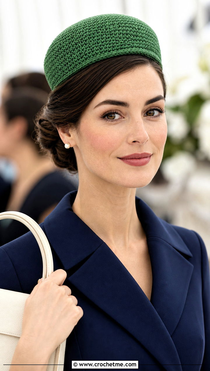 Crochet Pillbox Hat With Blazer Dress And Slingbacks - 30 beginner crochet hat outfit ideas