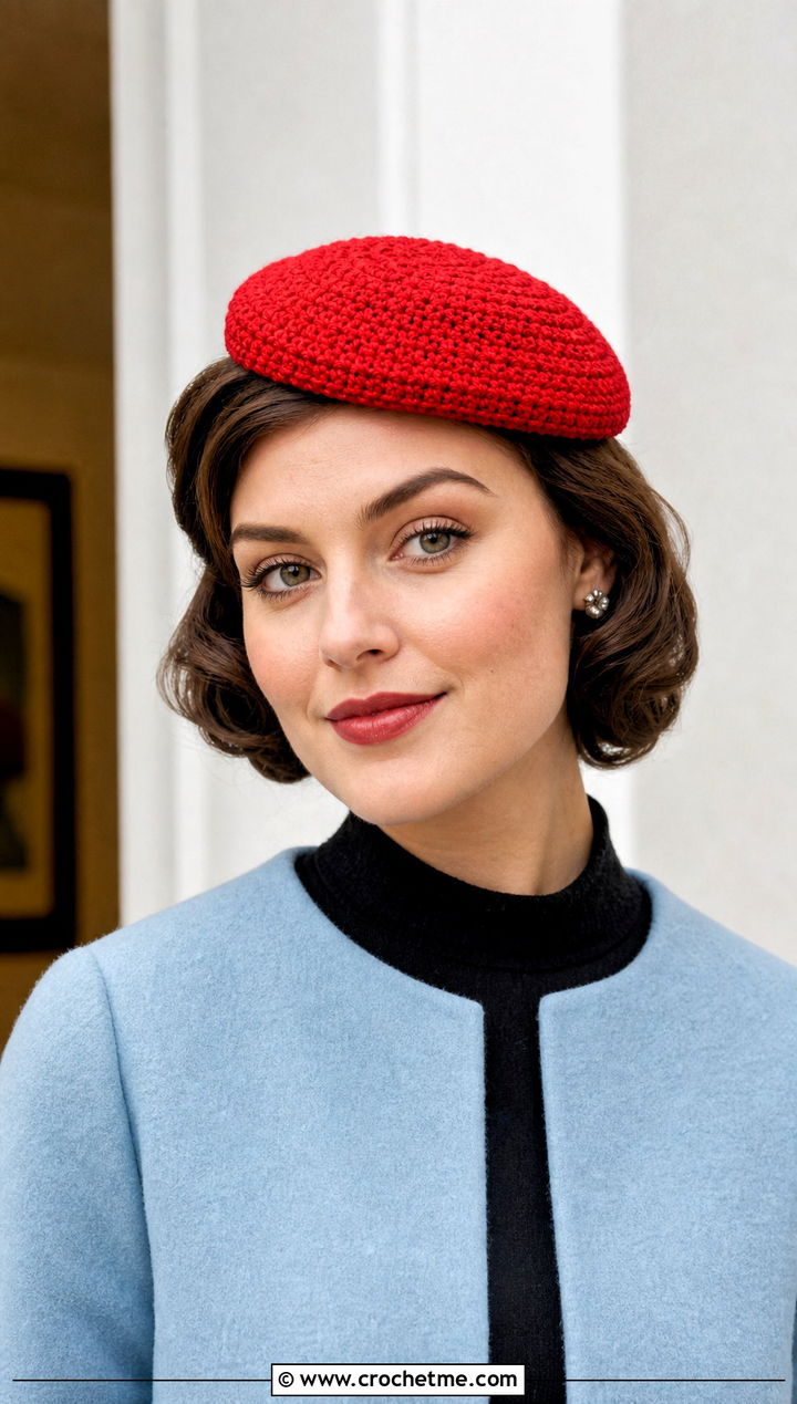 Crochet Pillbox Hat With Collarless Coat And Cigarette Pants - 25 winter crochet hat for women outfit ideas