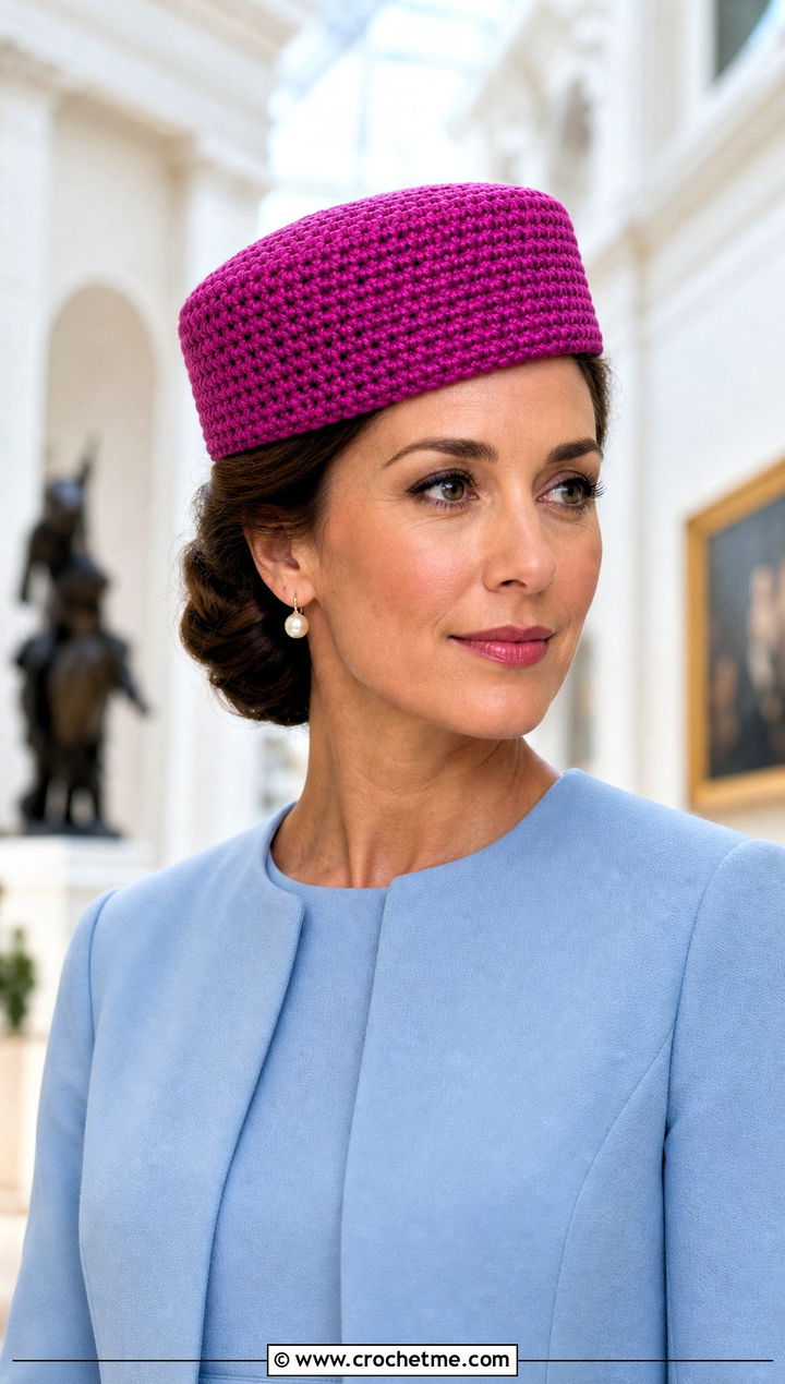Crochet Pillbox Hat With Collarless Jacket - 30 hats to crochet outfit ideas