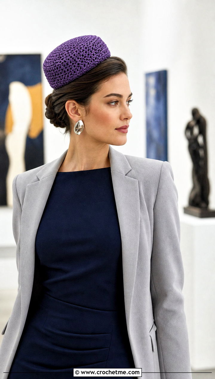 Crochet Pillbox Hat With Column Dress And Blazer - 15 Easy Crochet Hats For Women outfit ideas