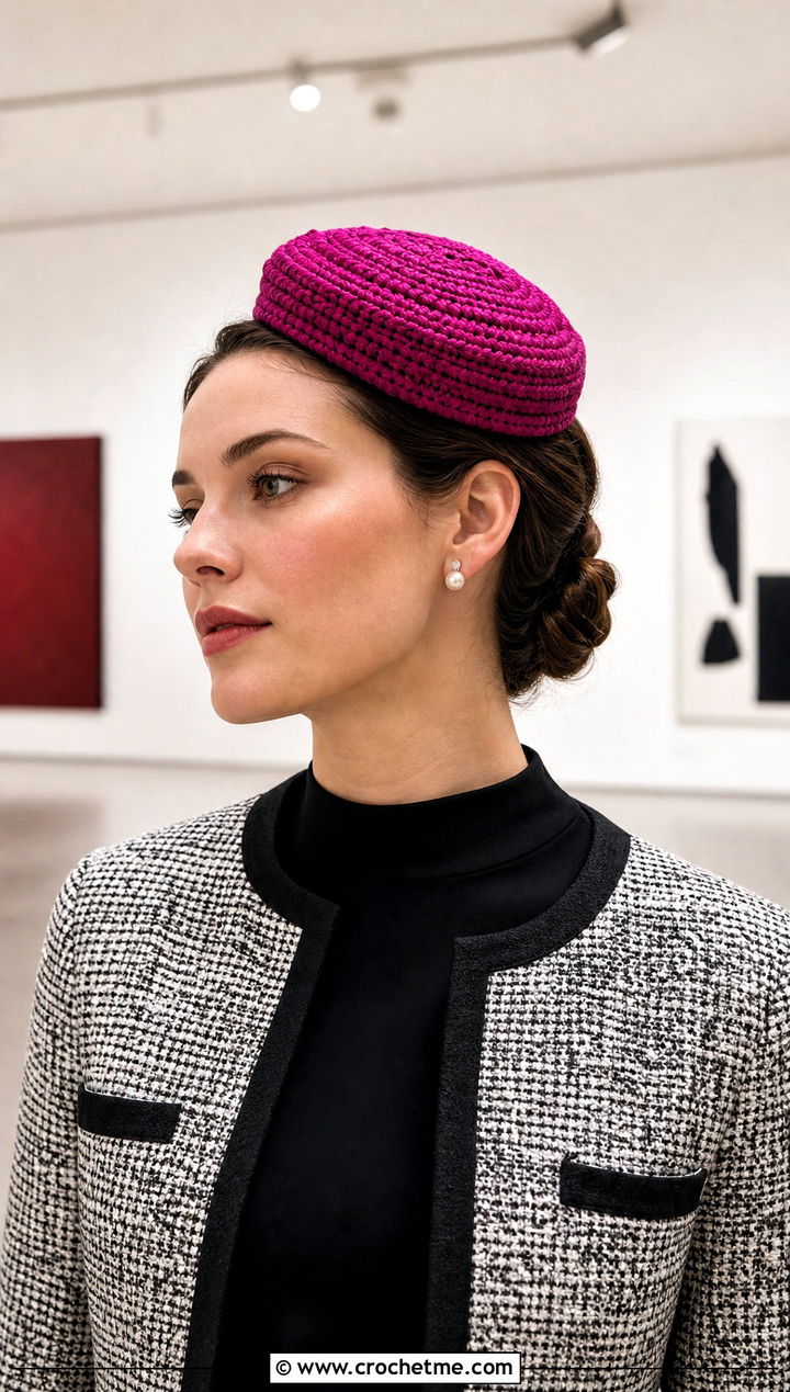 Crochet Pillbox Hat With Cropped Jacket and Pencil Skirt - 15 Crocheted Womens Hats outfit ideas