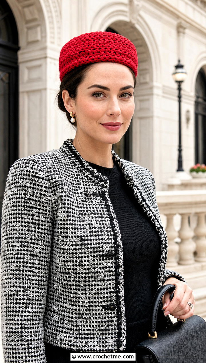Crochet Pillbox Hat With Tweed Jacket And Pencil Skirt - 25 Cool Crochet Hat outfit ideas