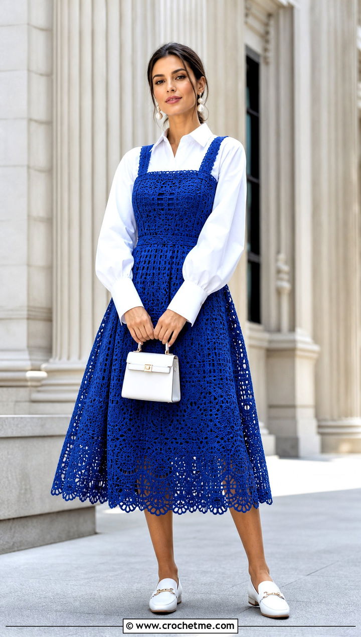 Crochet Pinafore Bridal Dress With Poplin Blouse - 30 crochet bridal dress outfit ideas