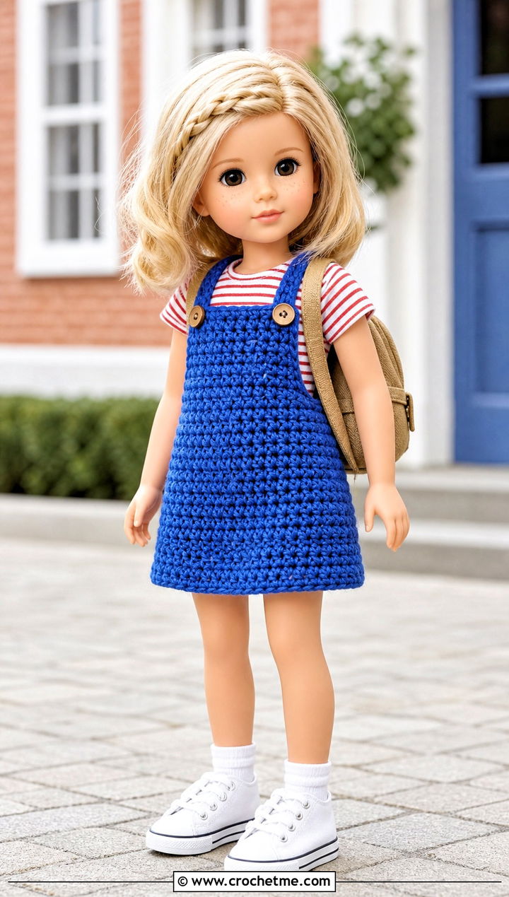 Crochet Pinafore Doll Dress With Striped T Shirt - 25 Crochet Mini Doll Clothes and outfit ideas