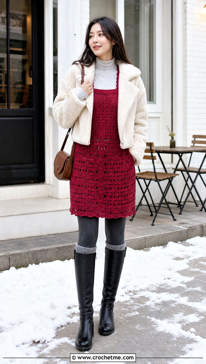 Crochet Pinafore Dress With Mock Neck Top - 30 crochet dress for winter outfit ideas