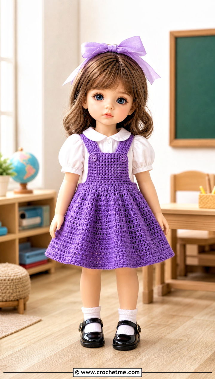 Crochet Pinafore Dress With Puff Sleeve Blouse - 25 Crochet Small Doll Clothes and outfit ideas