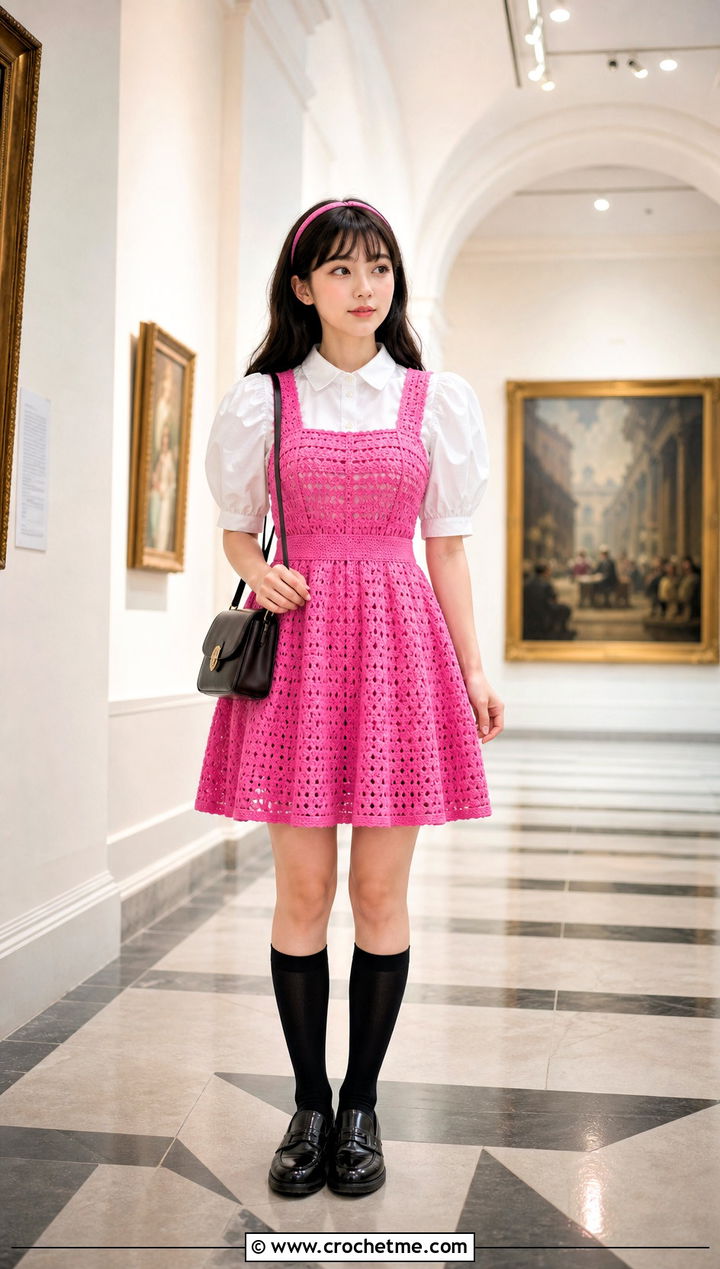 Crochet Pinafore Dress With Puff Sleeve Blouse - 35 Kawaii Crochet Clothes and outfit ideas