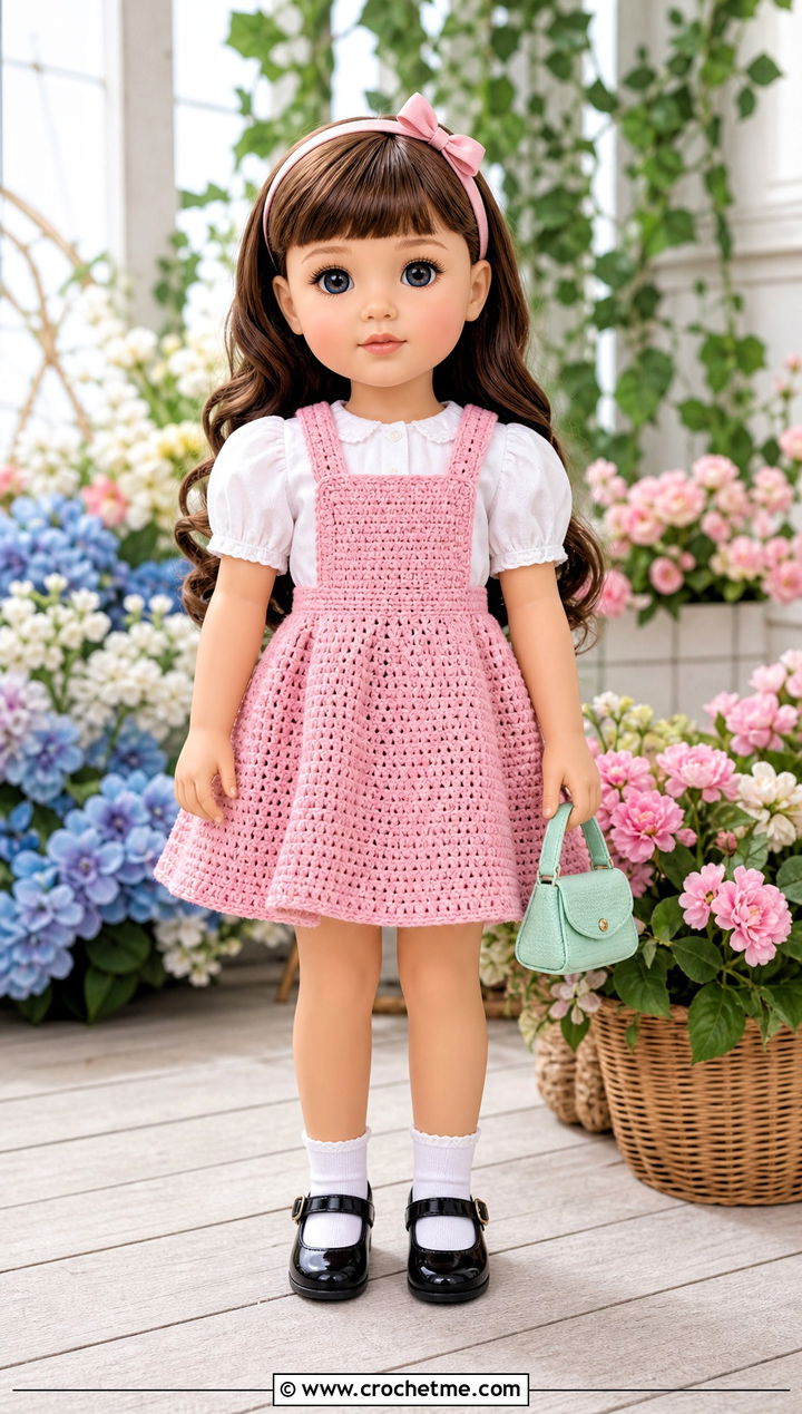 Crochet Pinafore With Puff Sleeve Blouse - 25 Dolls Crochet Clothes and outfit ideas
