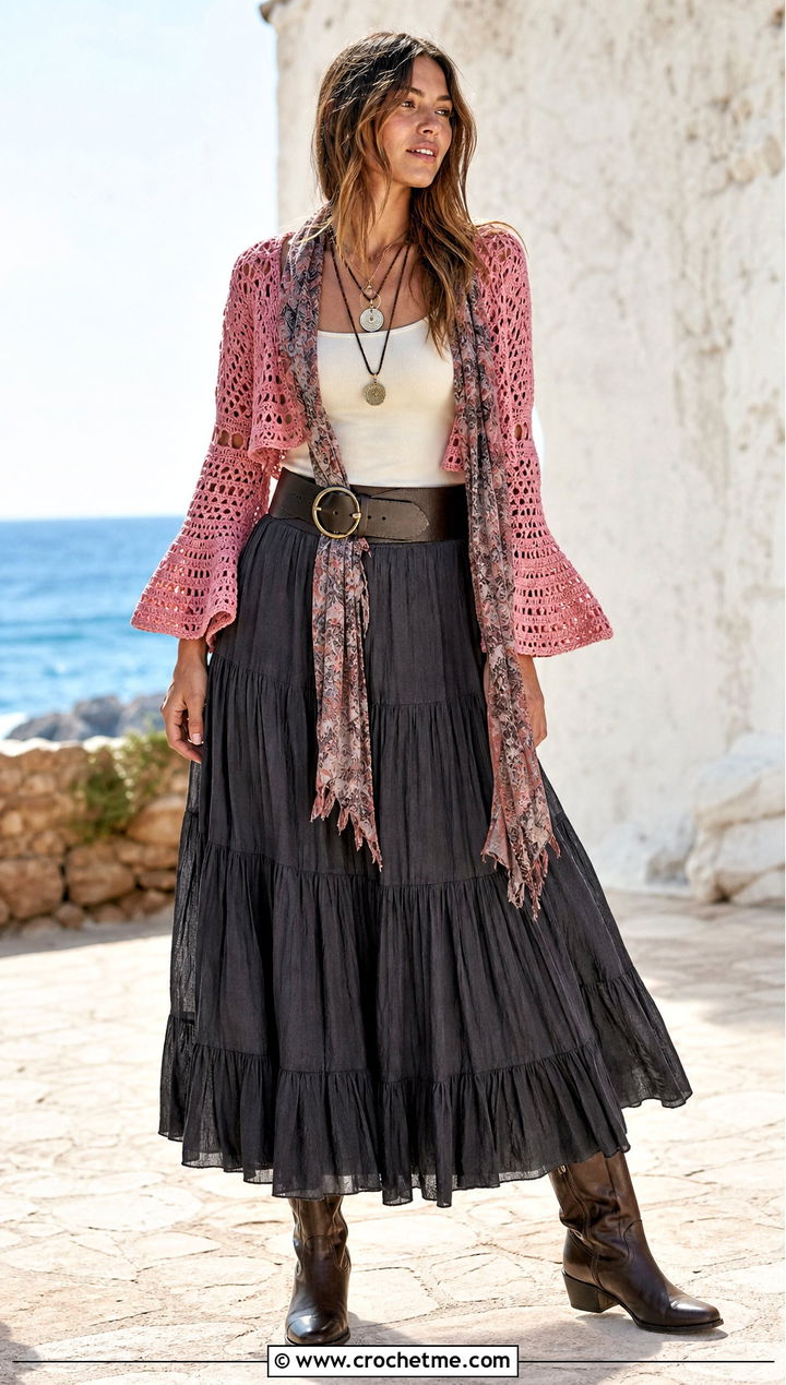 Crochet Pirate Bolero With Tiered Maxi Skirt - 25 Pirate Crochet Clothes and outfit ideas