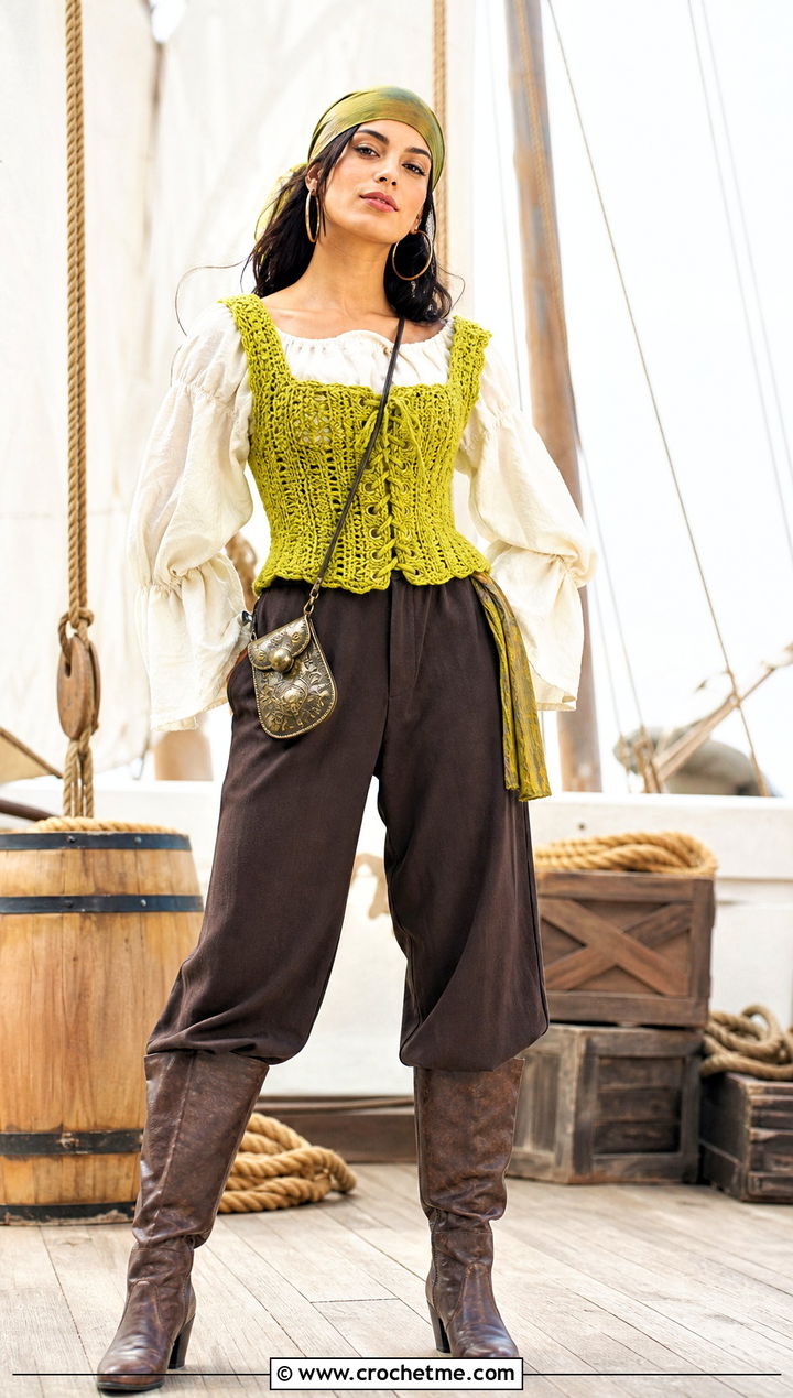 Crochet Pirate Corset Top With Wide Leg Trousers - 35 Crochet Halloween Costume Women outfit ideas