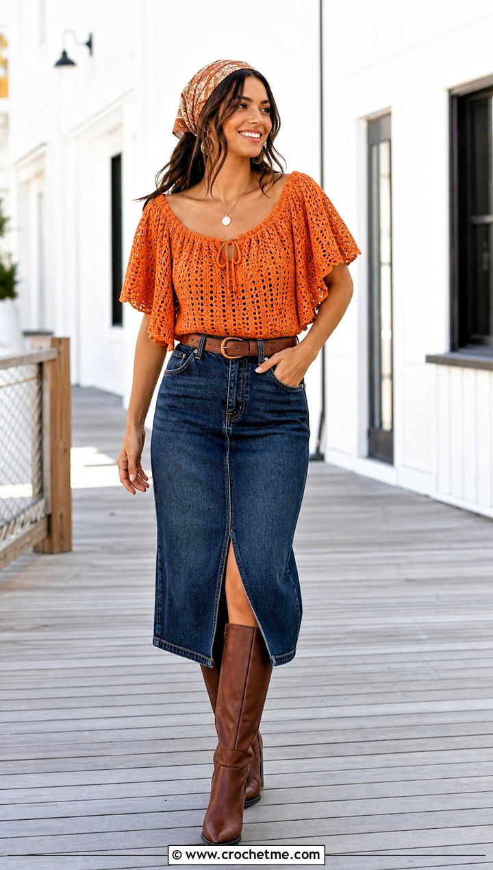 Crochet Pirate Peasant Top With Denim Skirt - 25 Pirate Crochet Clothes and outfit ideas