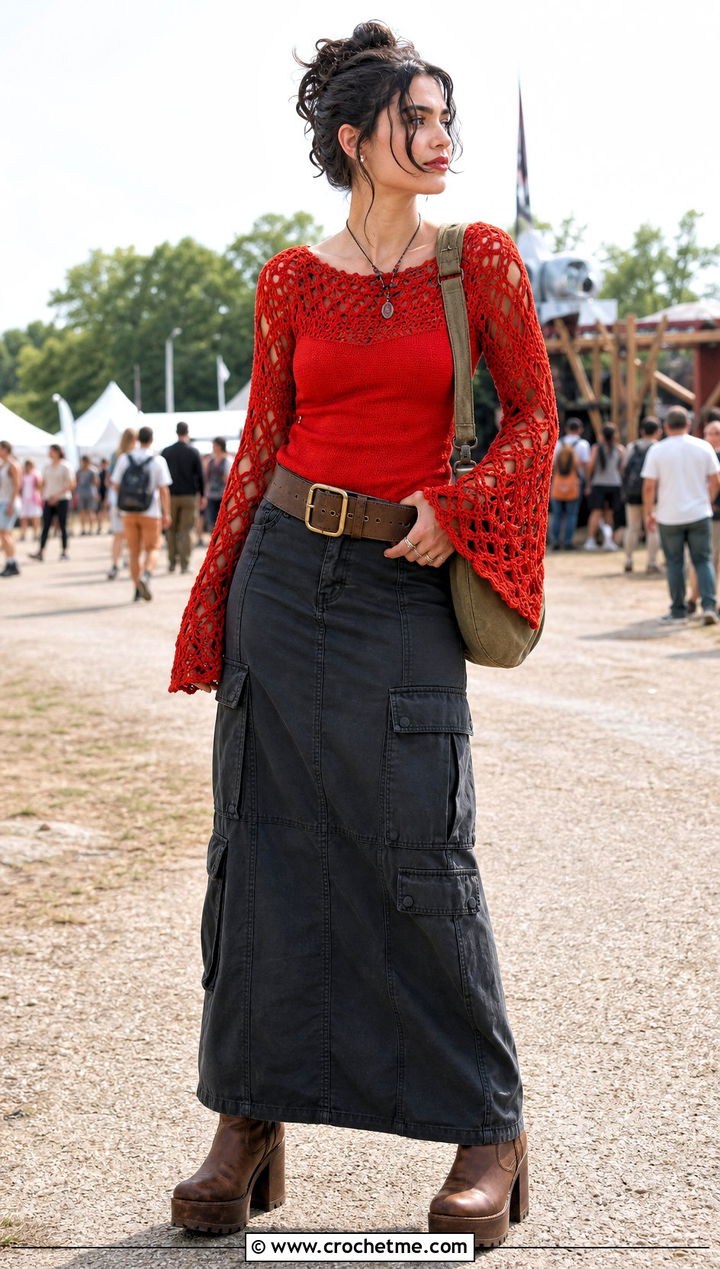 Crochet Pirate Sleeve Top With Cargo Skirt - 25 Pirate Crochet Clothes and outfit ideas