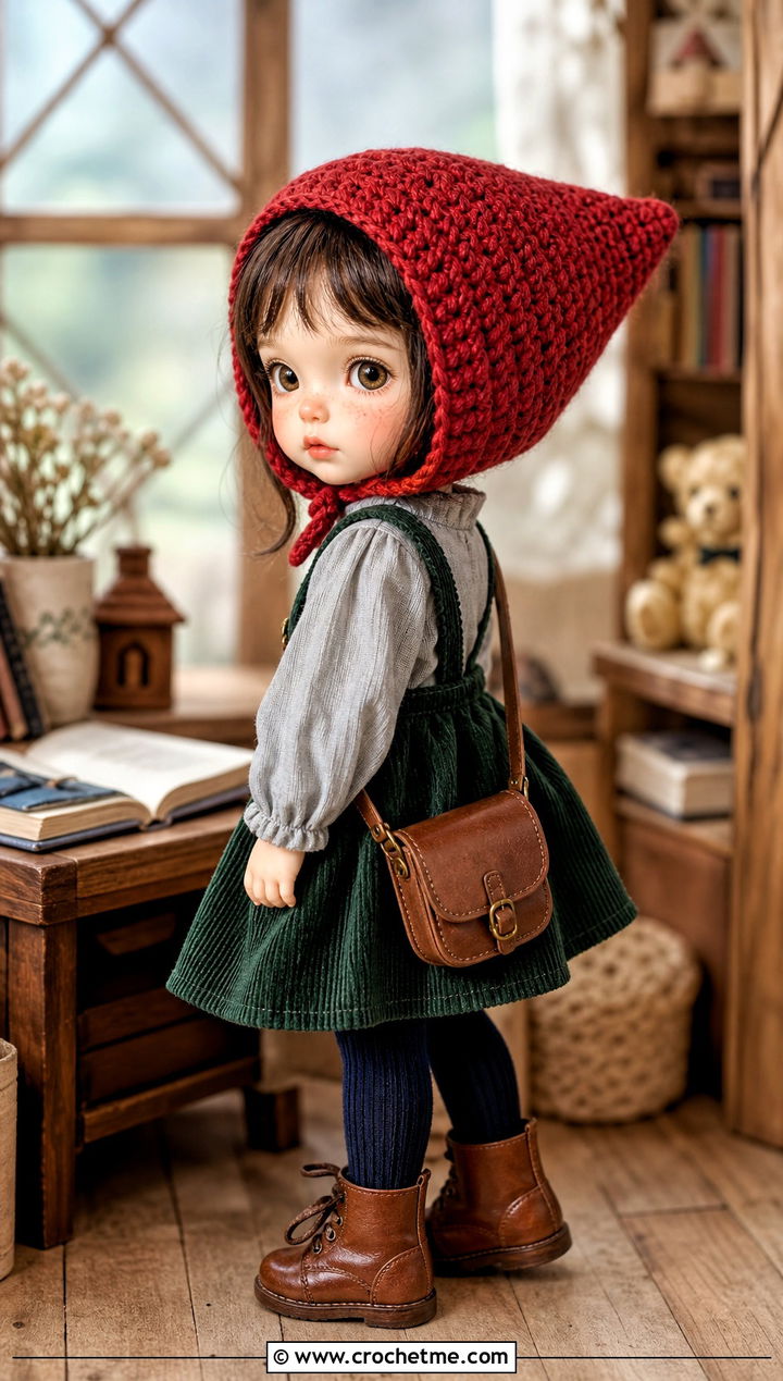 Crochet Pixie Bonnet With Pinafore Dress And Tights - 35 crochet hat for doll outfit ideas