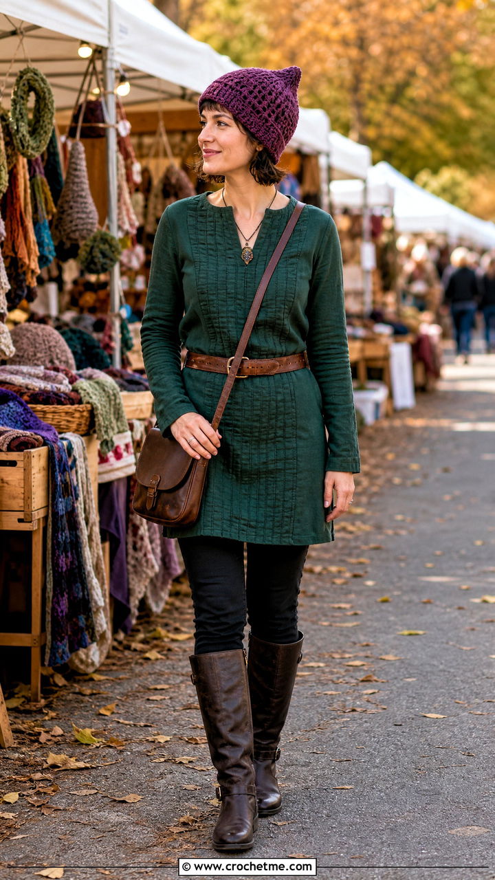 Crochet Pixie Cap With Tunic And Tall Boots - 35 crochet cap outfit ideas