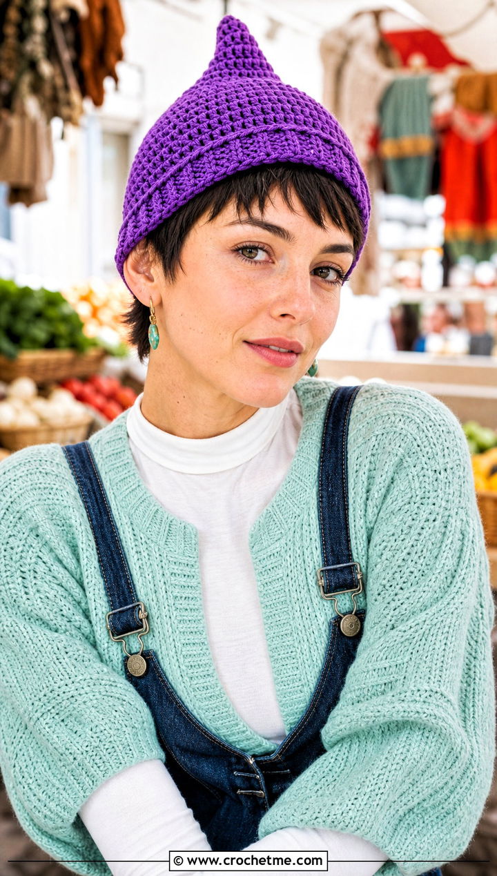 Crochet Pixie Hat With Cardigan And Overalls - 30 Crochet Womens Hat outfit ideas