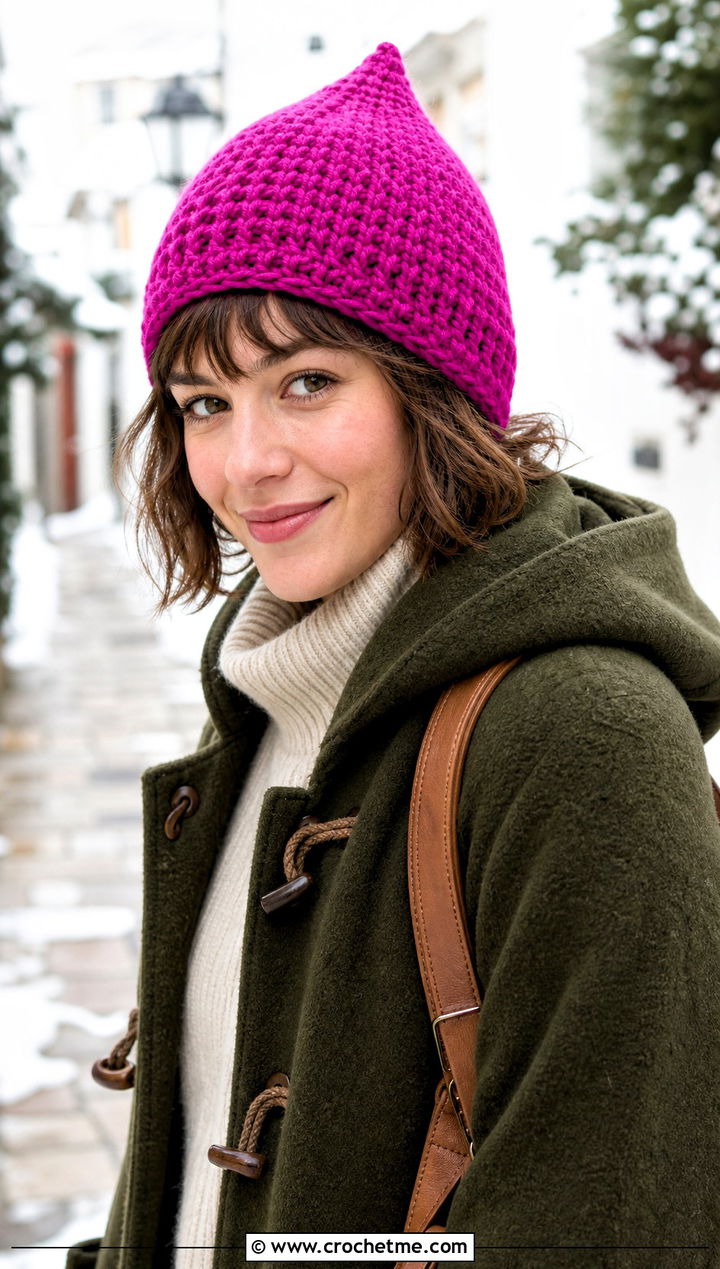 Crochet Pixie Hat With Duffle Coat - 35 one piece crochet hat outfit ideas