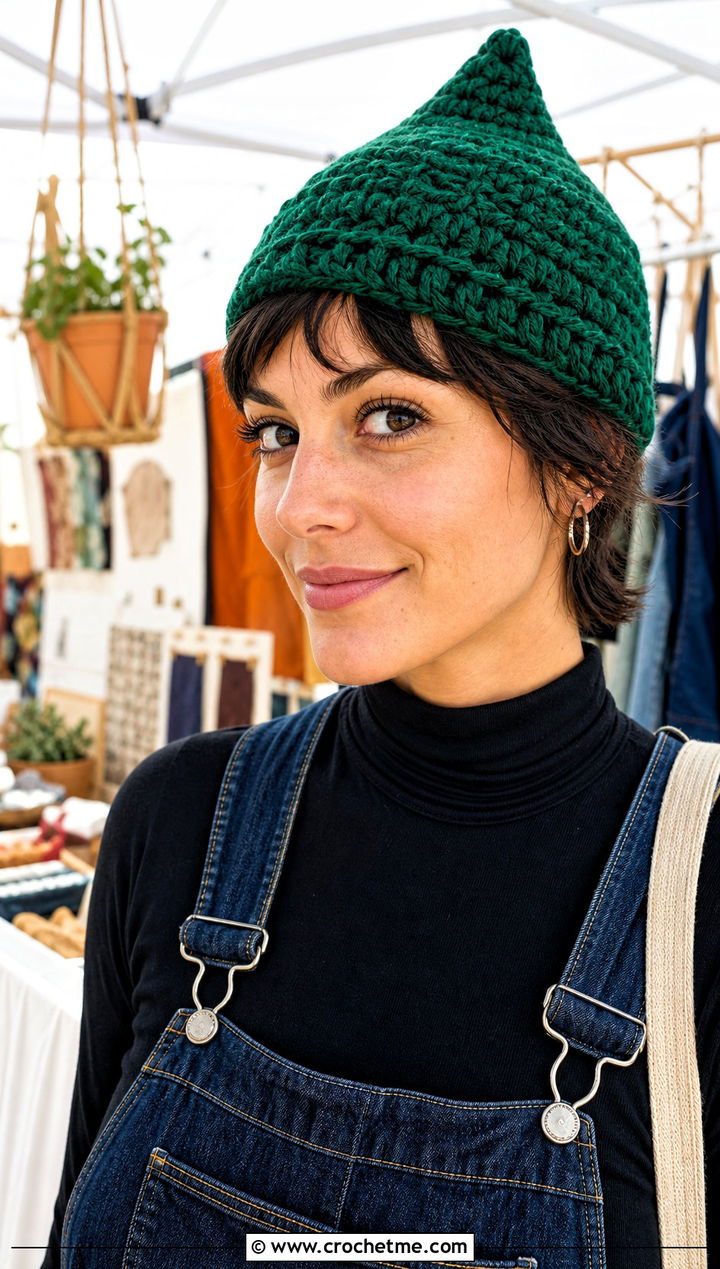 Crochet Pixie Hat With Overalls - 35 cute crochet hat outfit ideas