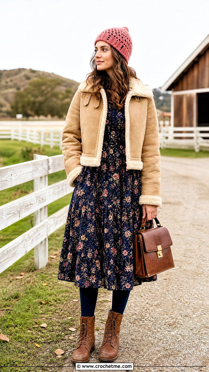 Crochet Pixie Hat With Prairie Dress And Shearling Jacket - 35 crochet winter hat outfit ideas
