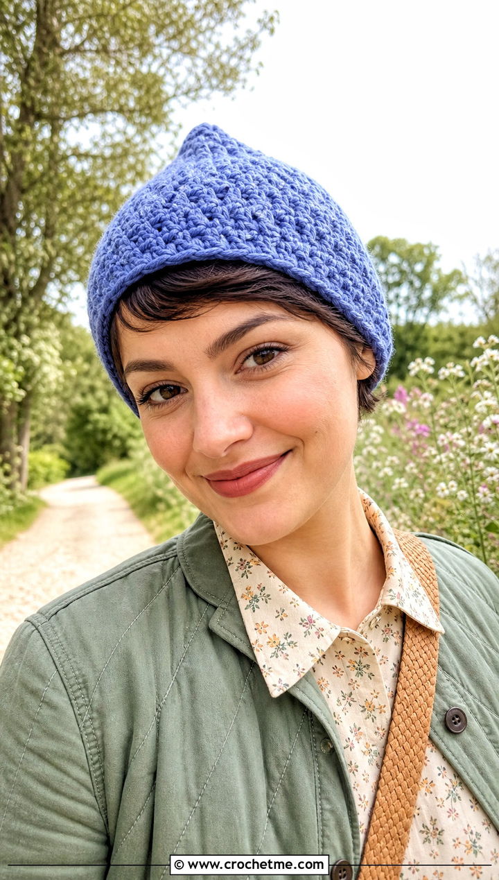 Crochet Pixie Hat With Quilted Jacket And Floral Dress - 15 Country Cottage Crochet Hat outfit ideas