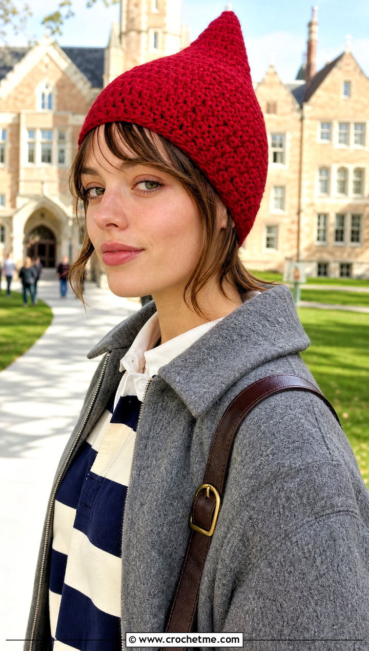 Crochet Pixie Hat With Rugby Shirt And Pleated Mini Skirt - 30 Quick And Easy Crochet Hat outfit ideas