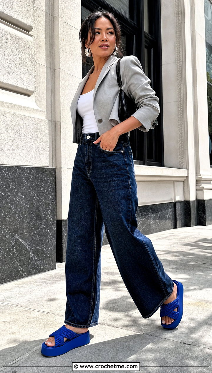 Crochet Platform Sandals With Wide Leg Jeans - 25 women crochet shoes outfit ideas