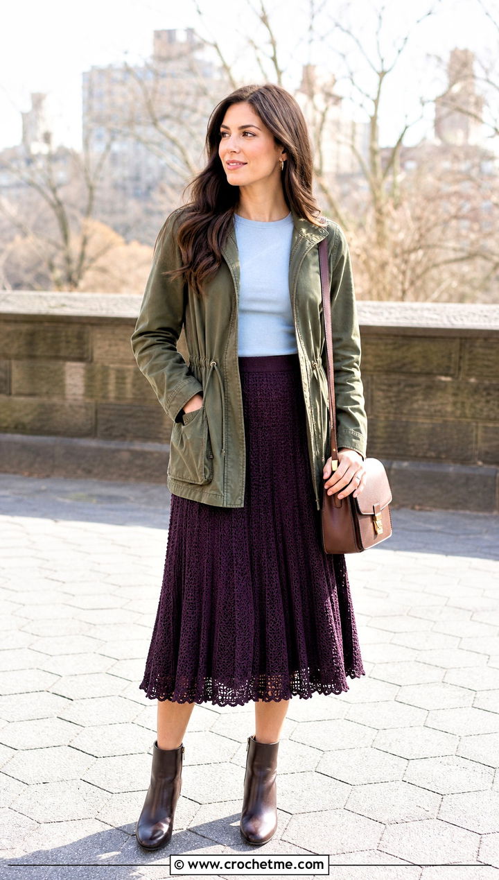 Crochet Pleated Midi Skirt With Utility Jacket - 15 valentine's day crochet skirt outfit ideas