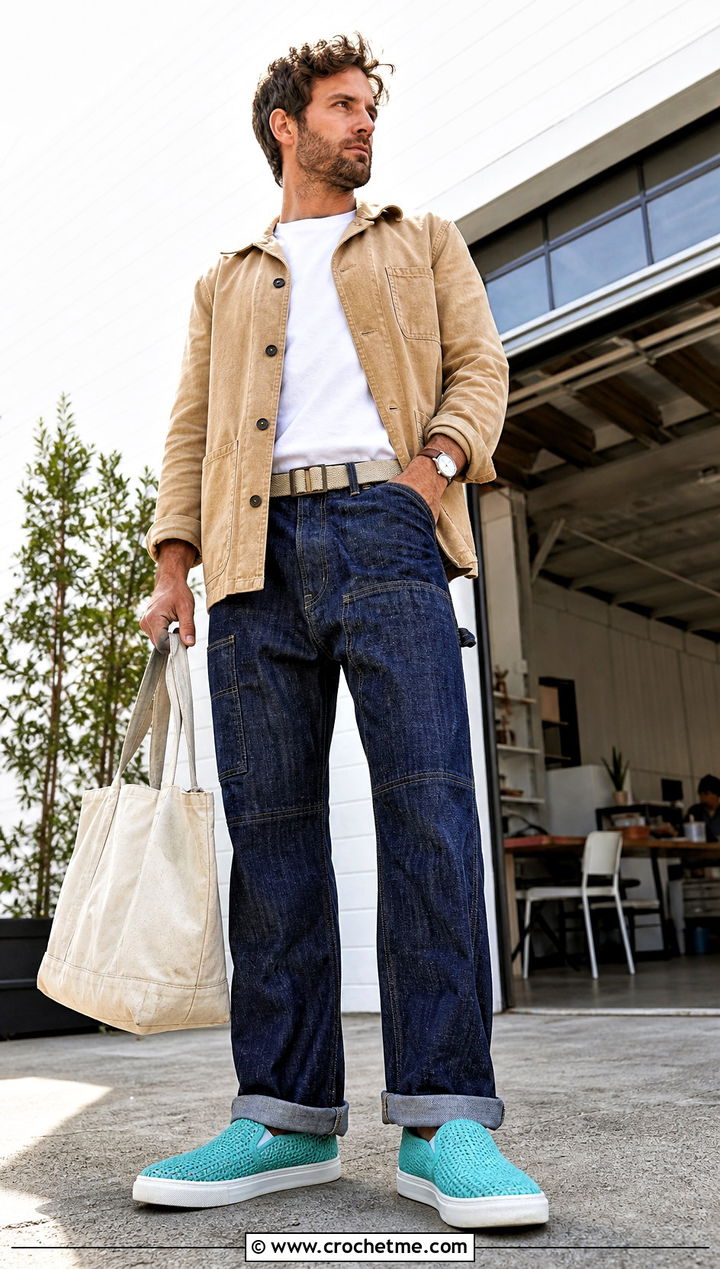 Crochet Plimsolls With A Denim Workwear Outfit - 25 crochet shoes for men outfit ideas