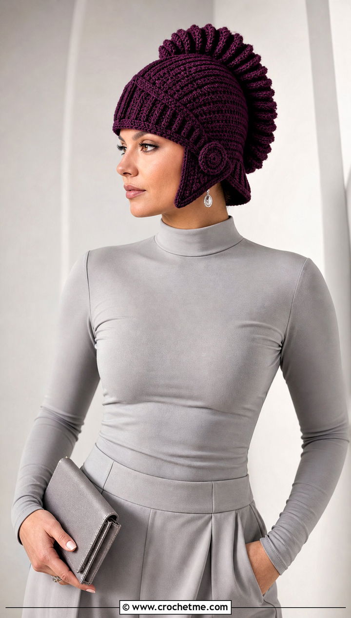 Crochet Plumed Knight Helmet With Monochrome Outfit - 15 Knight Crochet Hat outfit ideas
