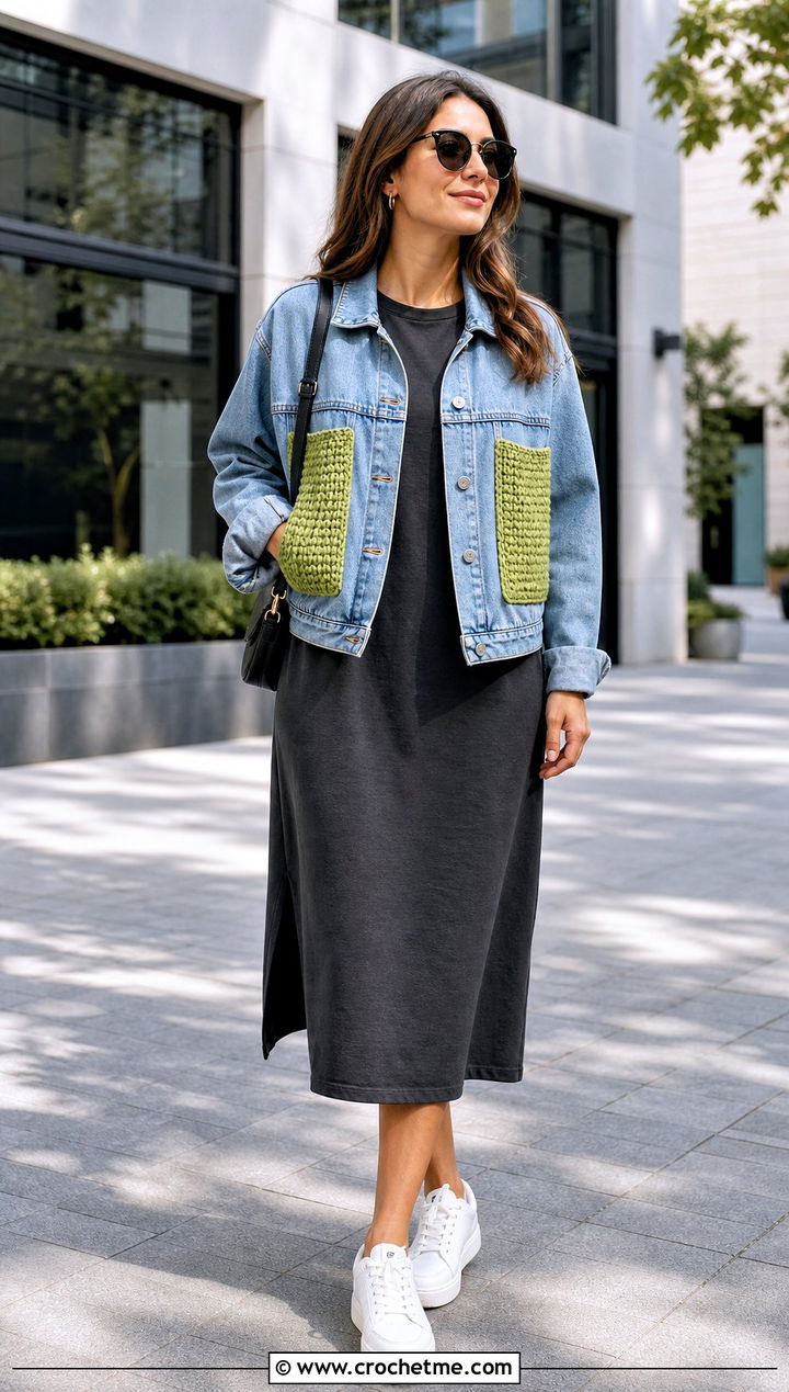 Crochet Pocket Denim Jacket With T Shirt Dress - 30 crochet denim jacket outfit ideas