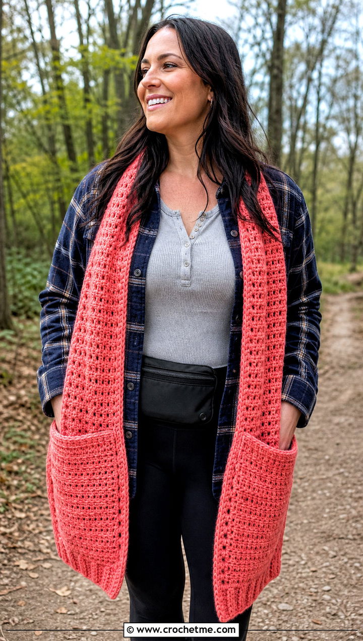 Crochet Pocket Scarf With Shacket And Leggings - 25 super crochet scarf outfit ideas
