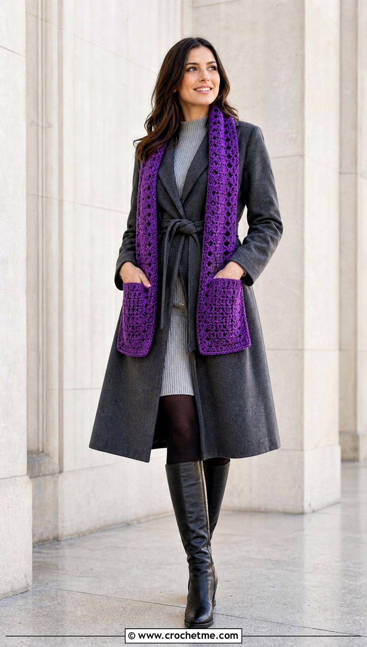 Crochet Pocket Scarf With Sweater Dress - 35 Winter Crochet Scarfs For Women outfit ideas