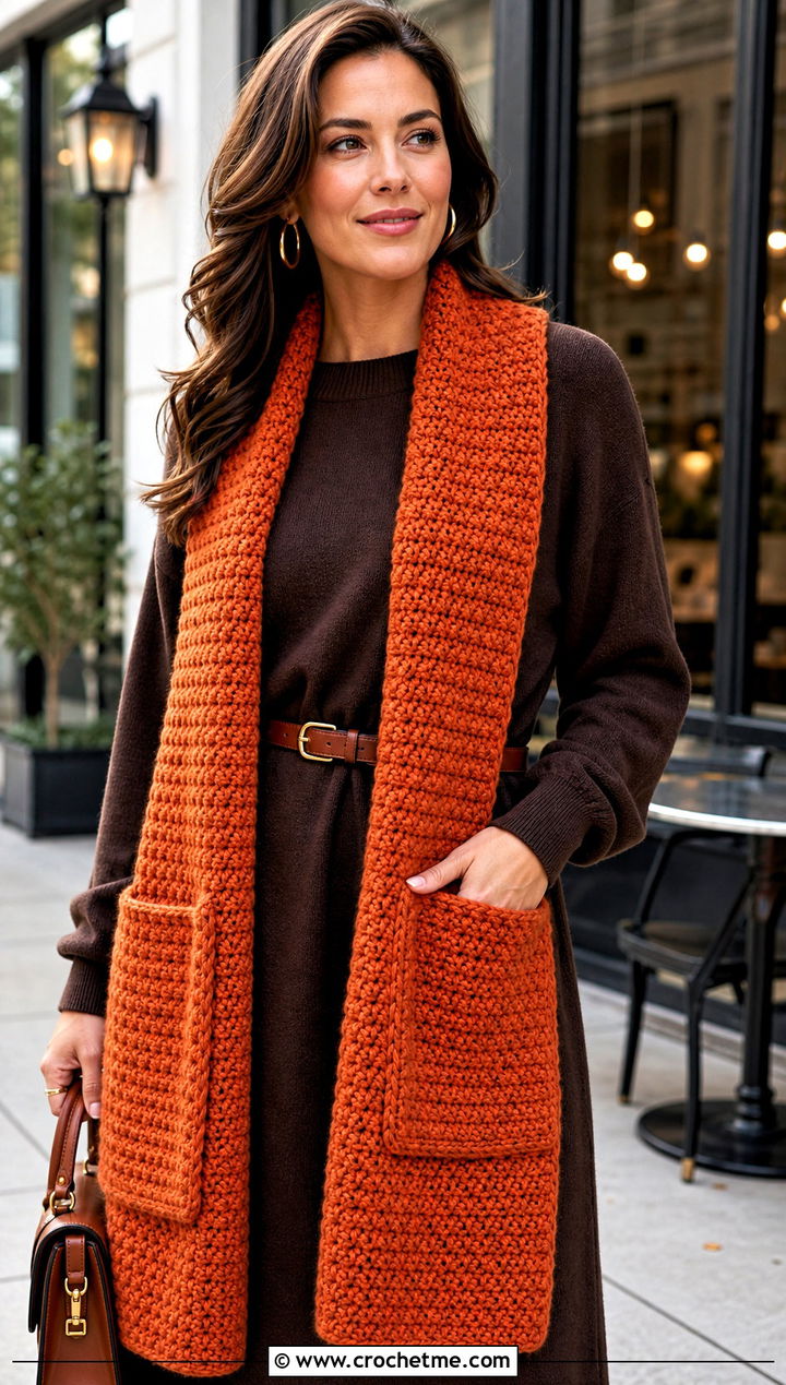 Crochet Pocket Scarf With Sweater Dress - 15 wool ease crochet scarf outfit ideas