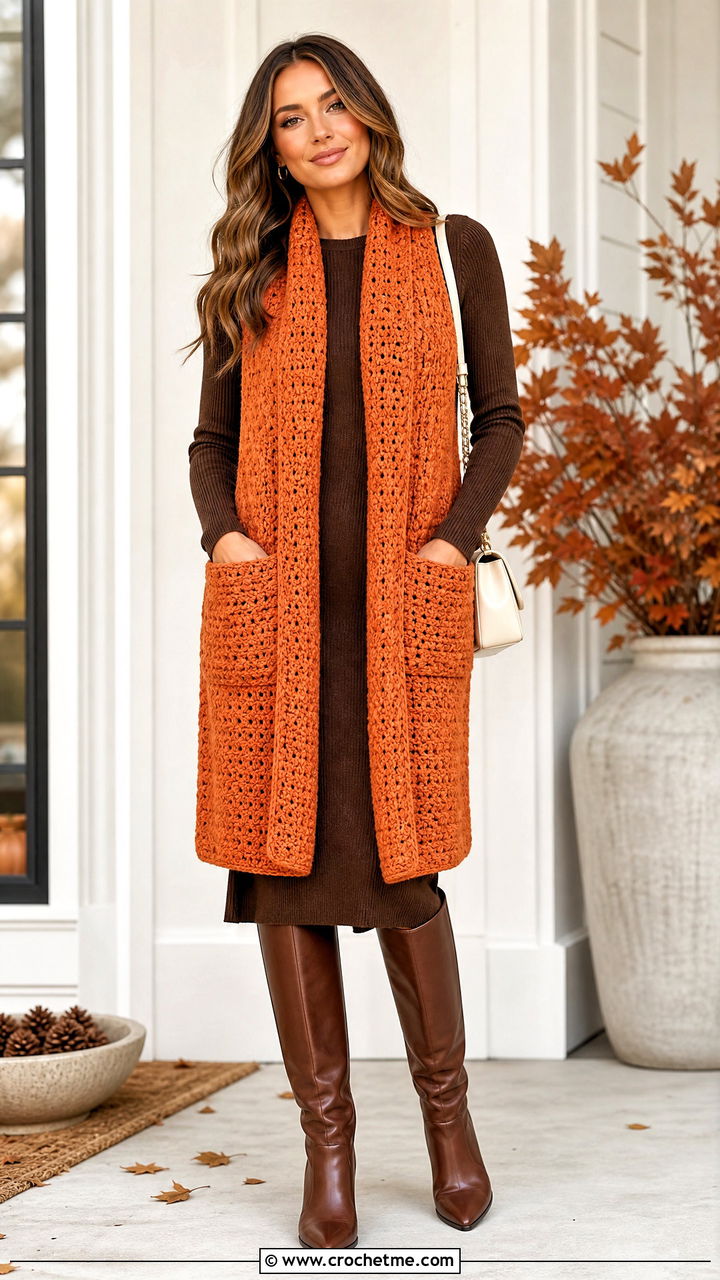 Crochet Pocket Scarf With Sweater Dress - 35 easy crochet scarves outfit ideas