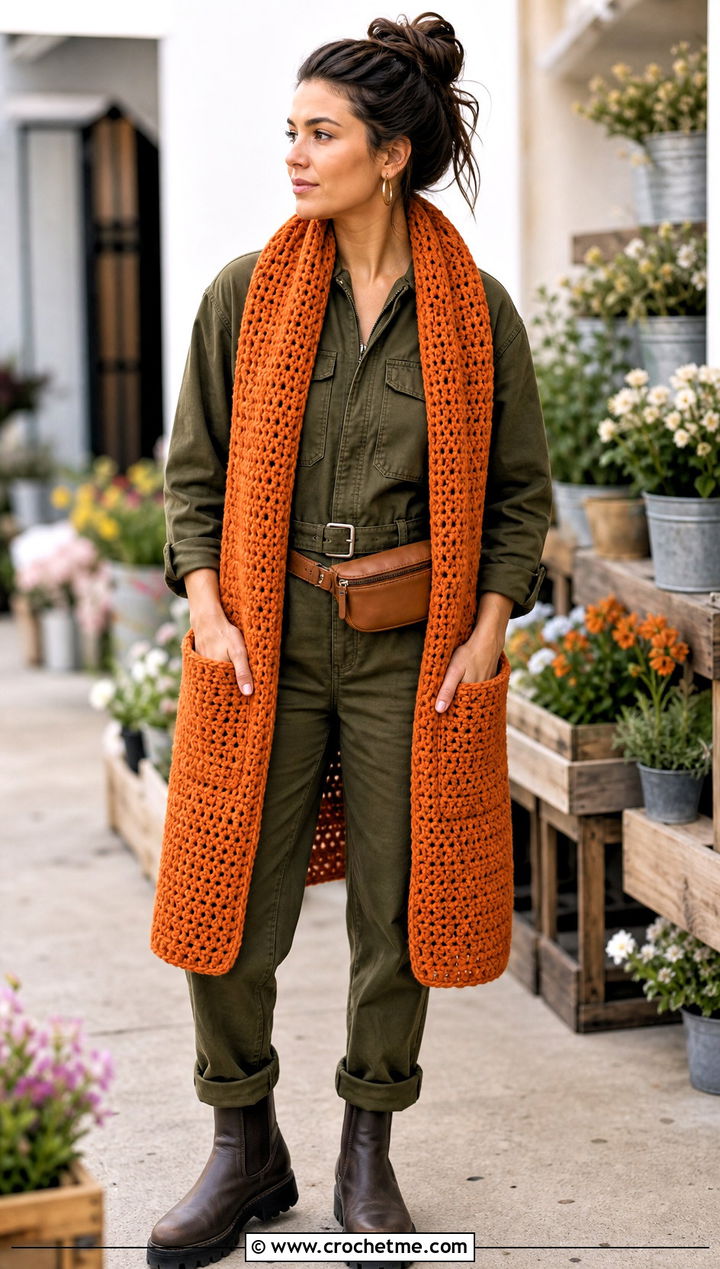 Crochet Pocket Scarf With Utility Jumpsuit - 15 unusual crochet scarf outfit ideas